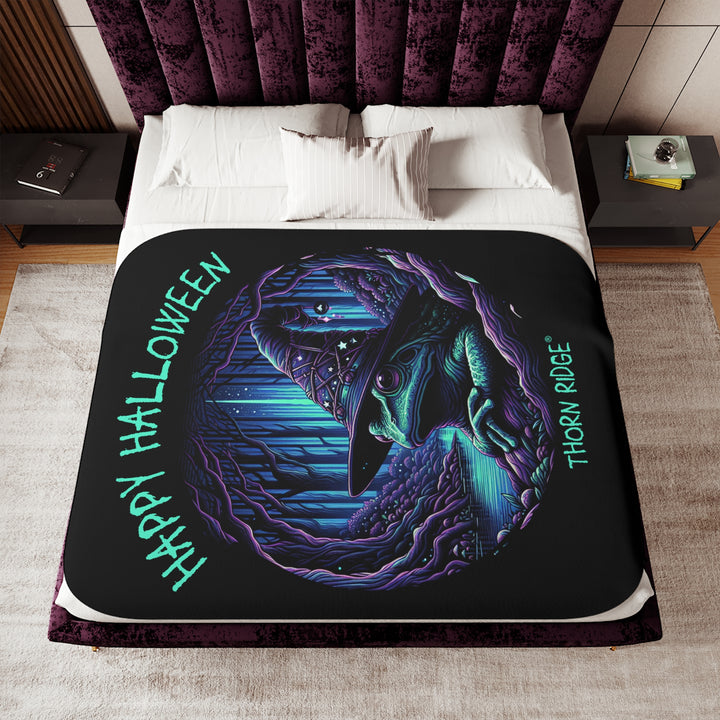 Happy Halloween black sherpa blanket with an image of the Frog Witch wearing a witch hat sitting by the creek by Thorn Ridge®