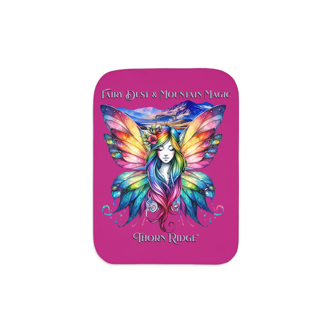Colorful fairy design with mountains on a pink background titled Fairy Dust & Mountain Magic by Thorn Ridge®