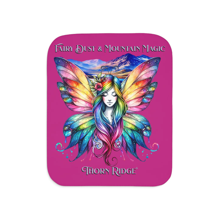 Colorful fairy design with mountains on a pink background titled Fairy Dust & Mountain Magic by Thorn Ridge®