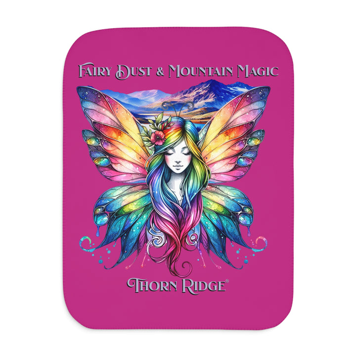 Colorful fairy design with mountains on a pink background titled Fairy Dust & Mountain Magic by Thorn Ridge®