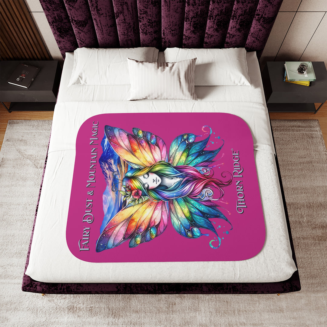 Colorful fairy design with mountains on a pink background titled Fairy Dust & Mountain Magic by Thorn Ridge®