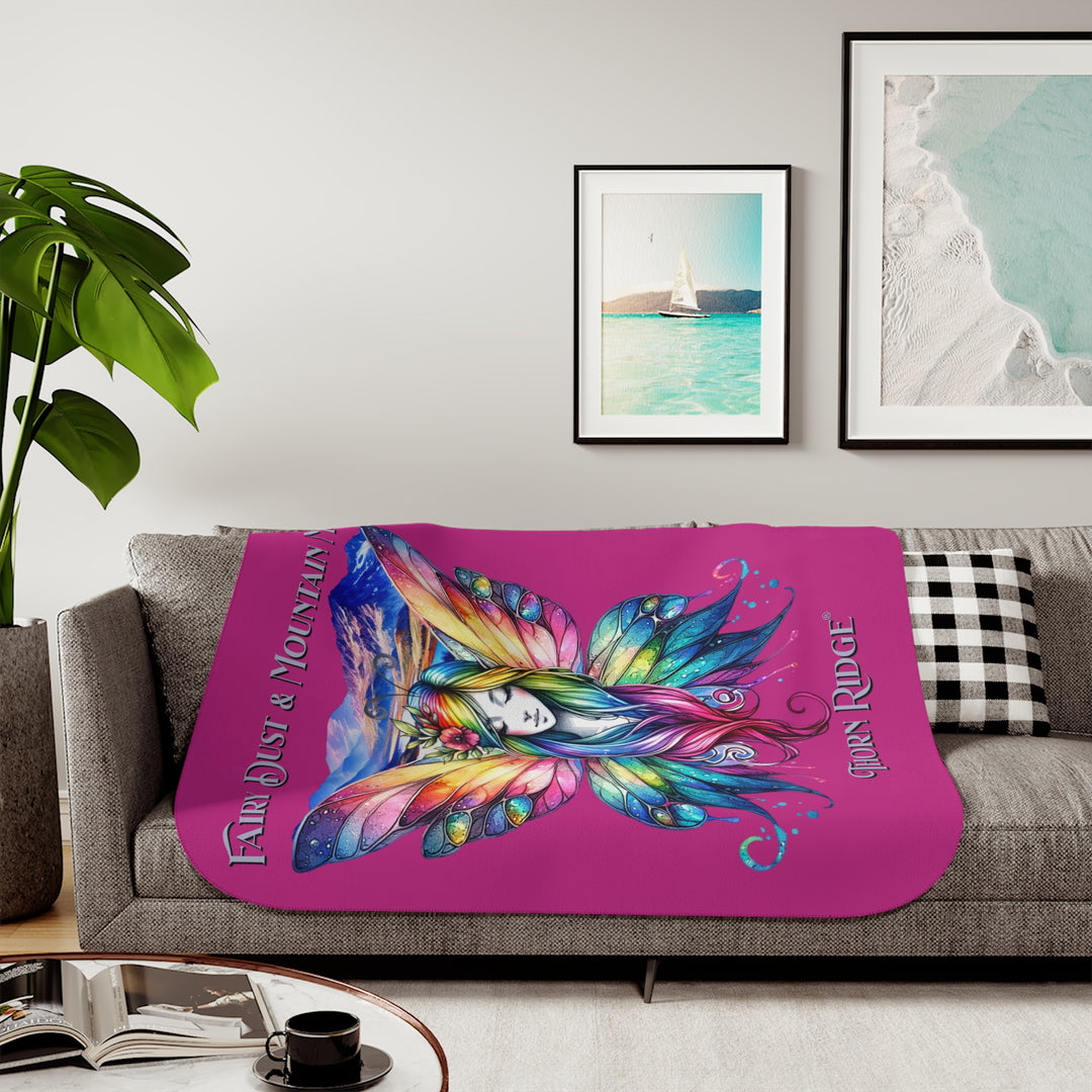 Colorful fairy design with mountains on a pink background titled Fairy Dust & Mountain Magic by Thorn Ridge®
