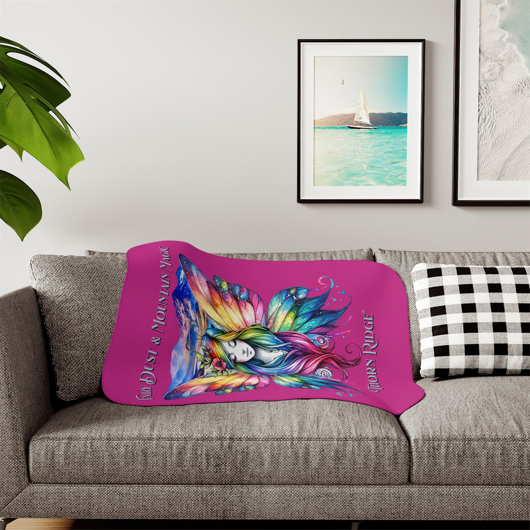 Colorful fairy design with mountains on a pink background titled Fairy Dust & Mountain Magic by Thorn Ridge®