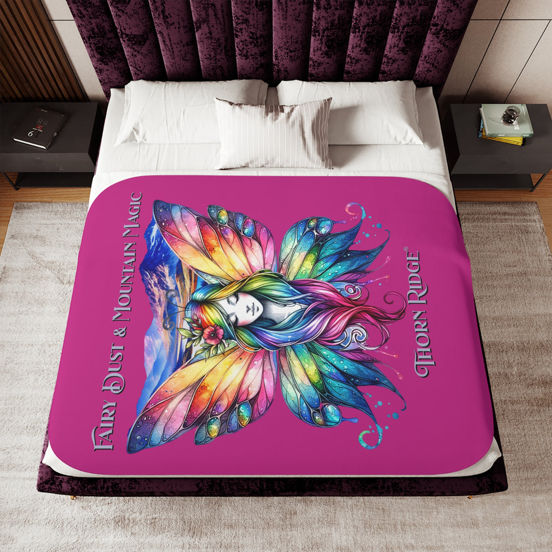 Colorful fairy design with mountains on a pink background titled Fairy Dust & Mountain Magic by Thorn Ridge®