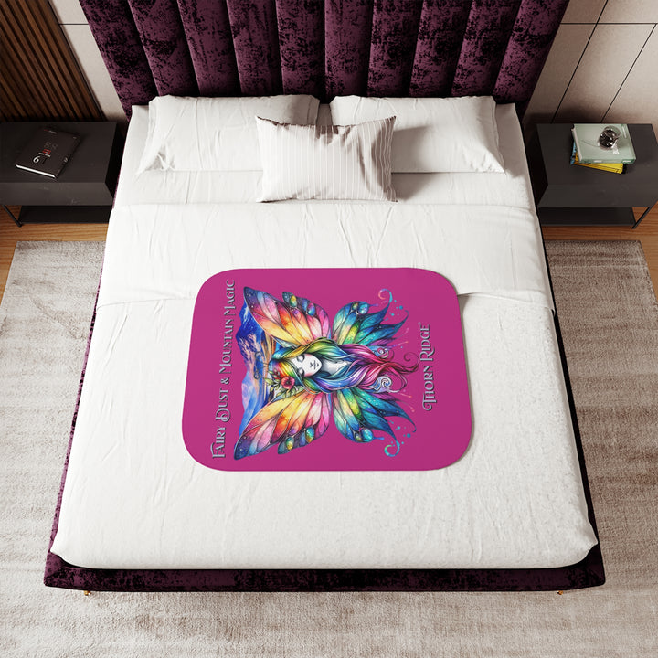 Colorful fairy design with mountains on a pink background titled Fairy Dust & Mountain Magic by Thorn Ridge®