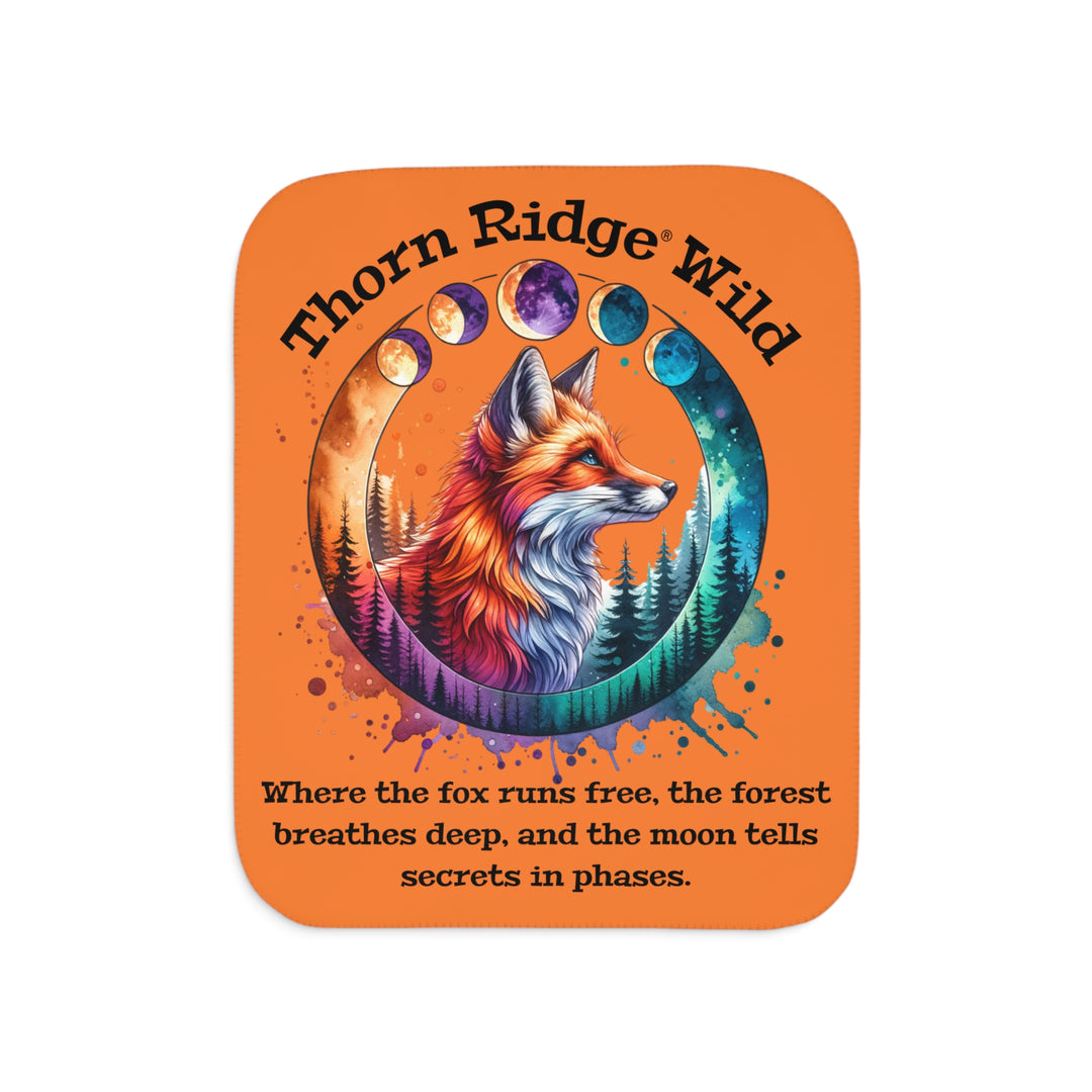Thorn Ridge® Wild colorful fox design on an orange sherpa blanket with a slogan and moon phases.