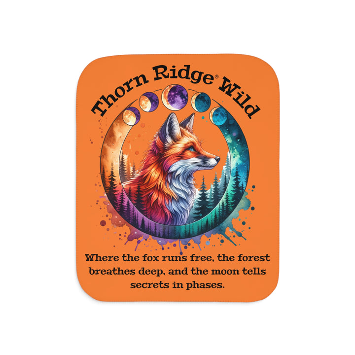 Thorn Ridge® Wild colorful fox design on an orange sherpa blanket with a slogan and moon phases.
