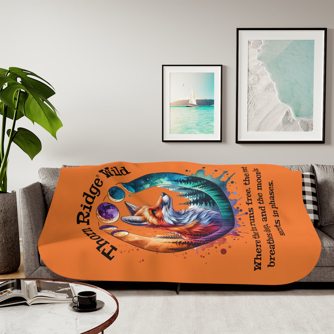 Thorn Ridge® Wild colorful fox design on an orange sherpa blanket with a slogan and moon phases.