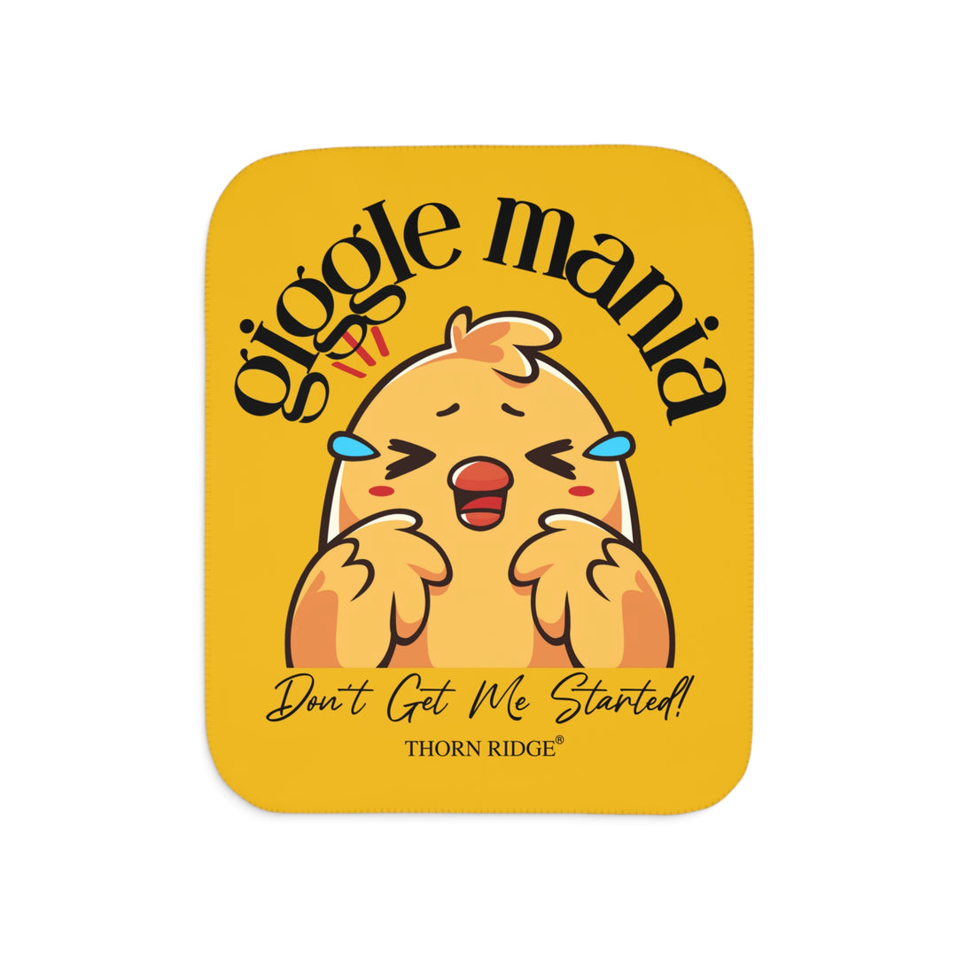 Giggle Mania Don't Get Me Started yellow sherpa blanket featuring a laughing chicken by Thorn Ridge®