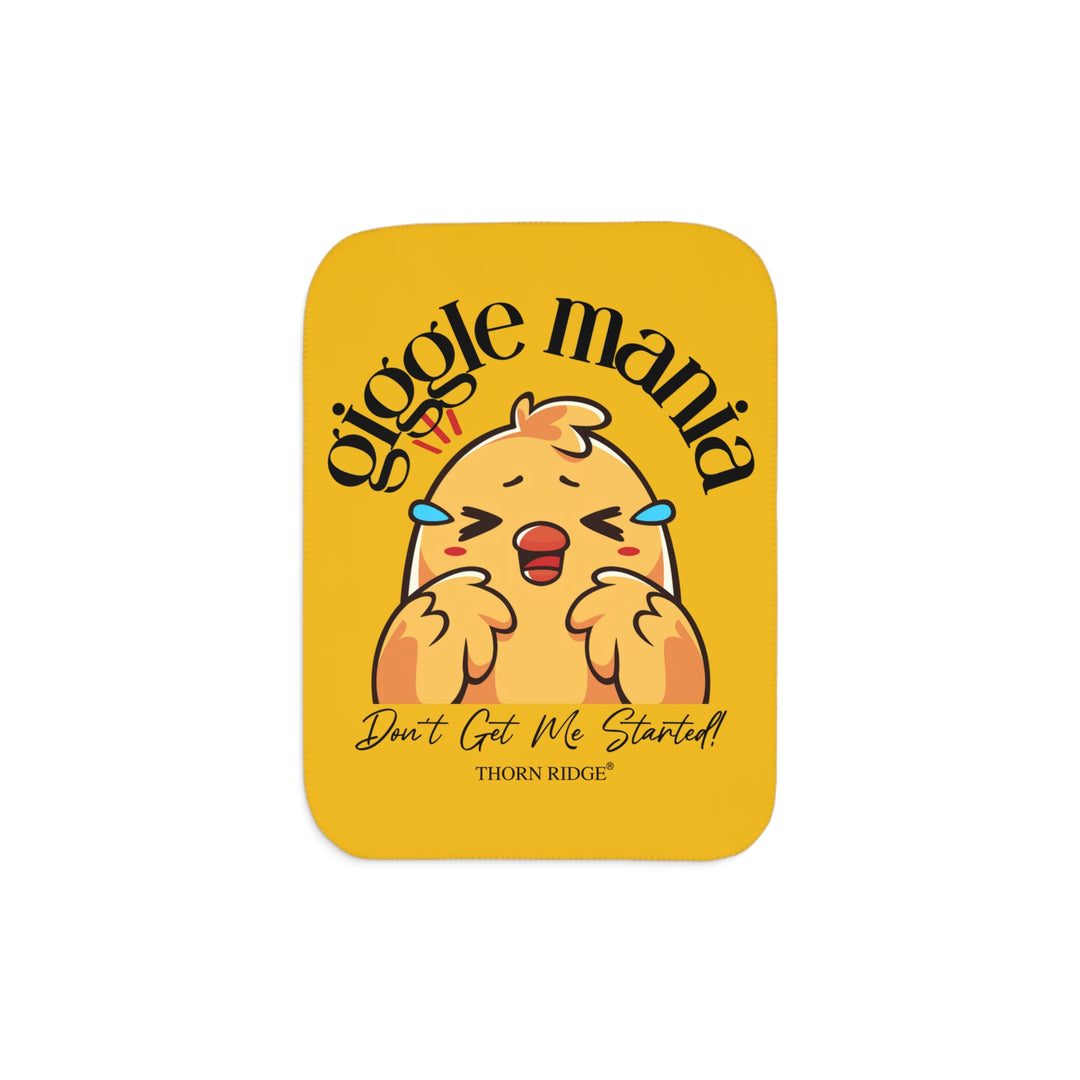 Giggle Mania Don't Get Me Started yellow sherpa blanket featuring a laughing chicken by Thorn Ridge®