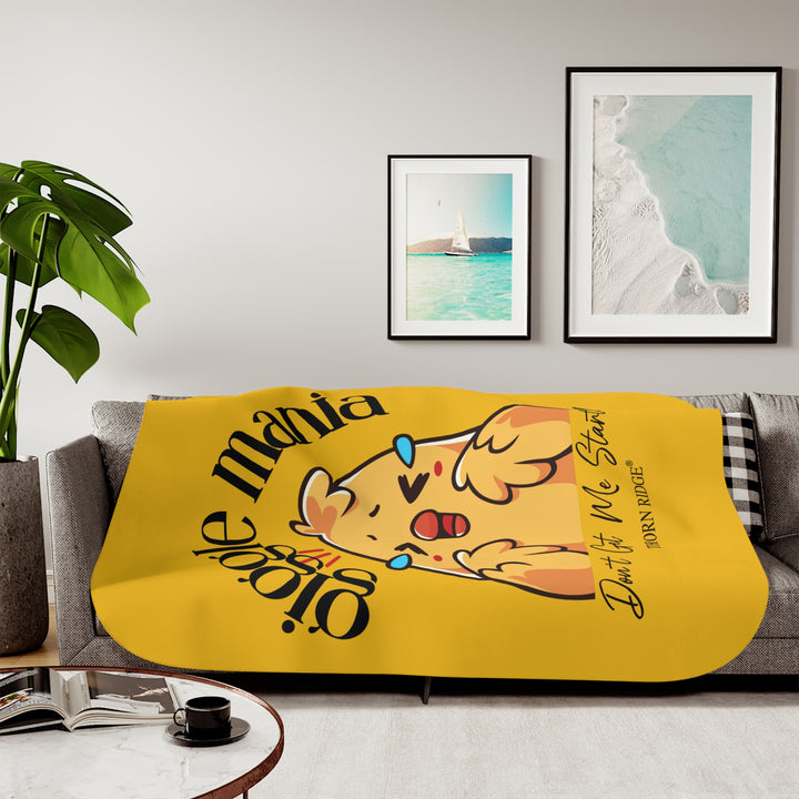 Giggle Mania Don't Get Me Started yellow sherpa blanket featuring a laughing chicken by Thorn Ridge®