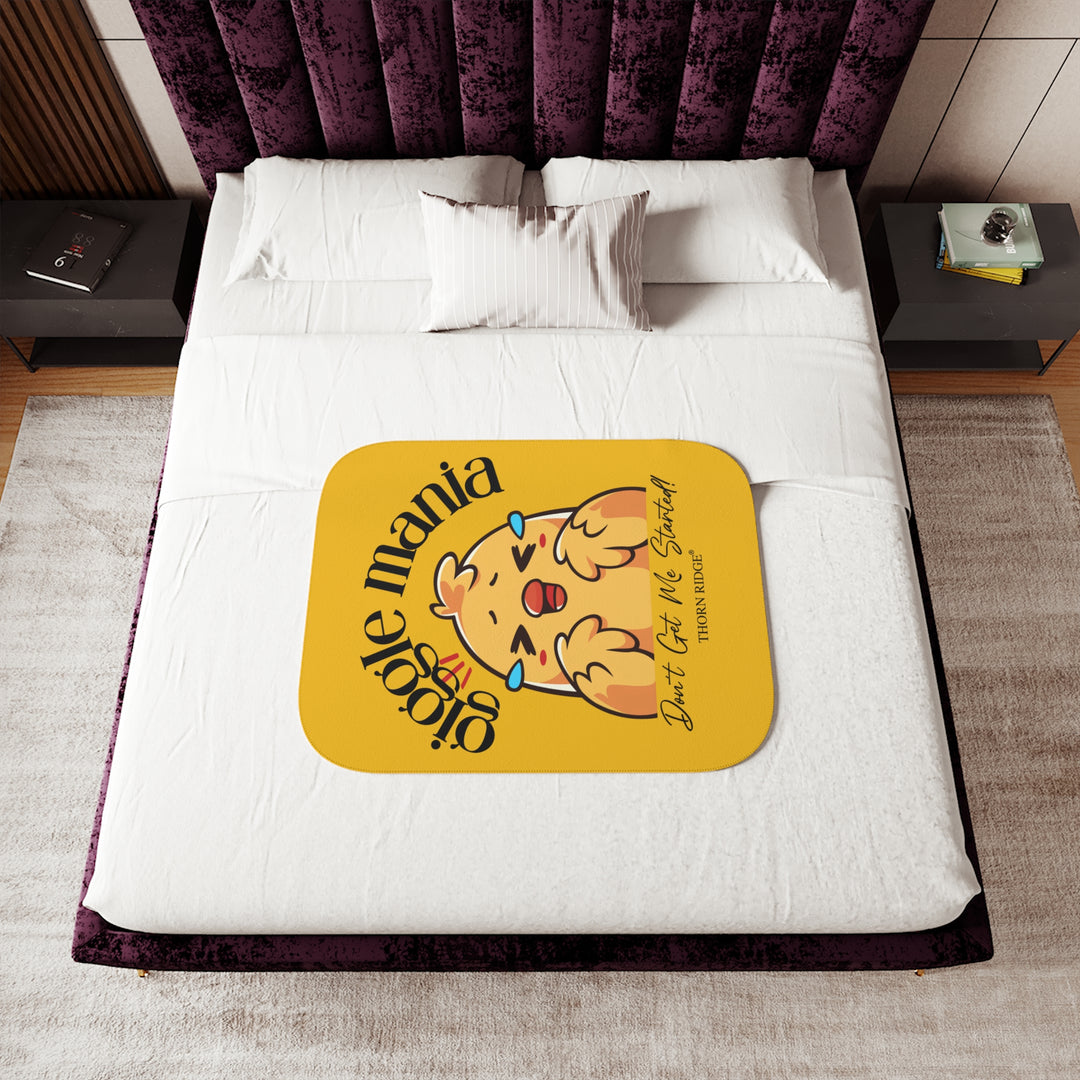 Giggle Mania Don't Get Me Started yellow sherpa blanket featuring a laughing chicken by Thorn Ridge®