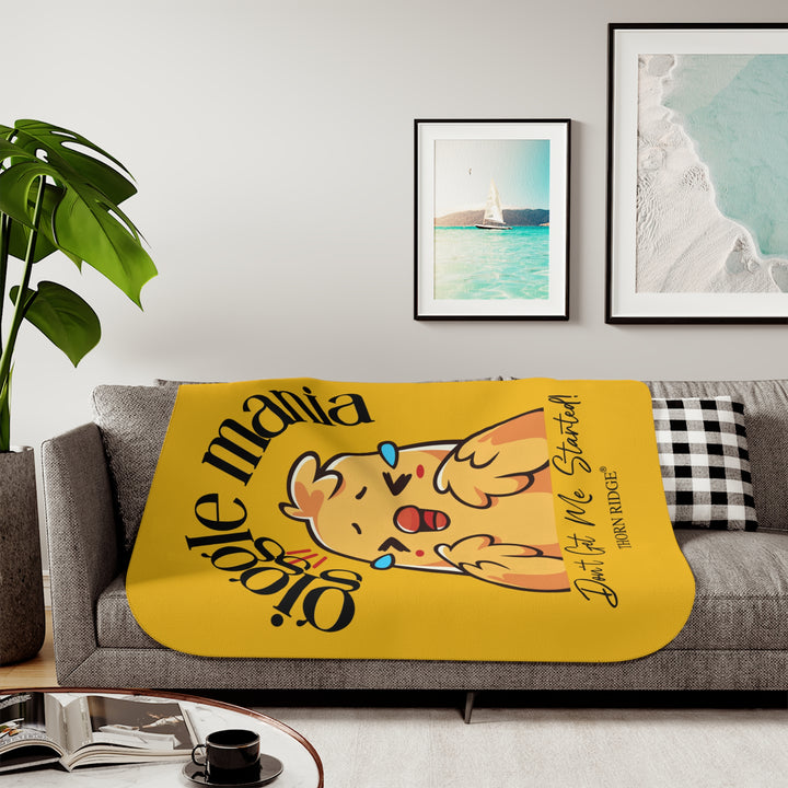Giggle Mania Don't Get Me Started yellow sherpa blanket featuring a laughing chicken by Thorn Ridge®
