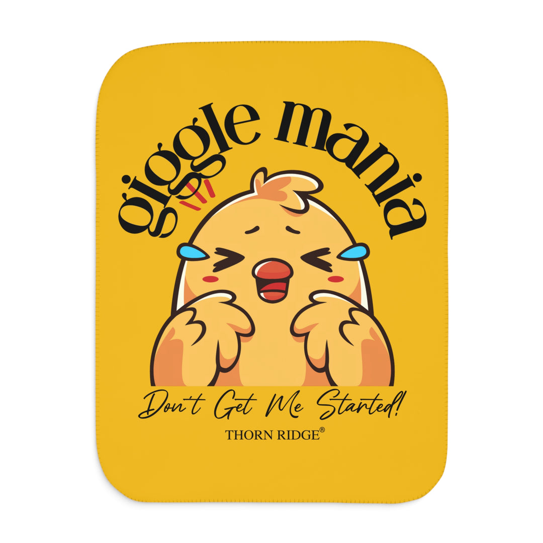 Giggle Mania Don't Get Me Started yellow sherpa blanket featuring a laughing chicken by Thorn Ridge®