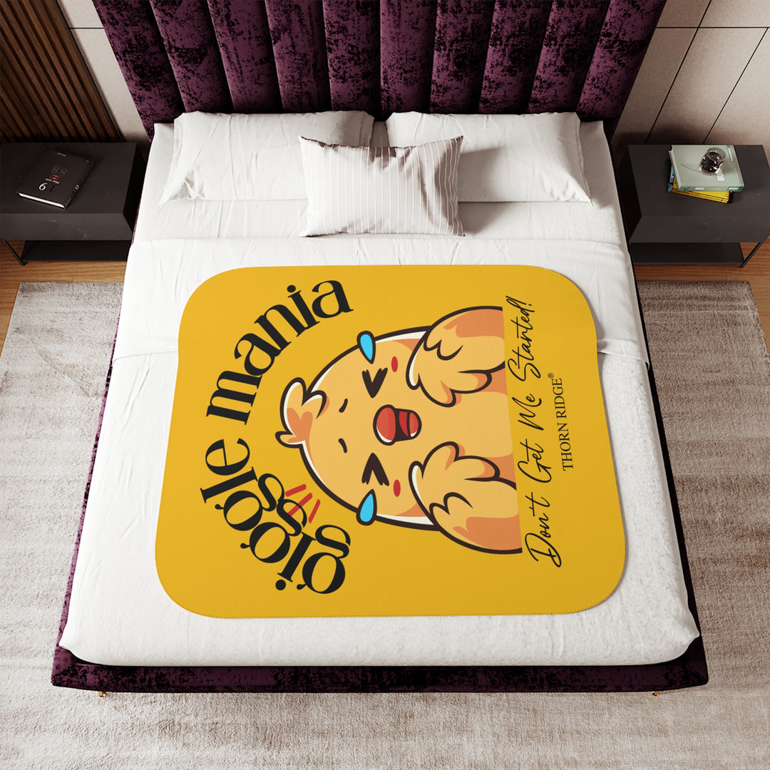 Giggle Mania Don't Get Me Started yellow sherpa blanket featuring a laughing chicken by Thorn Ridge®