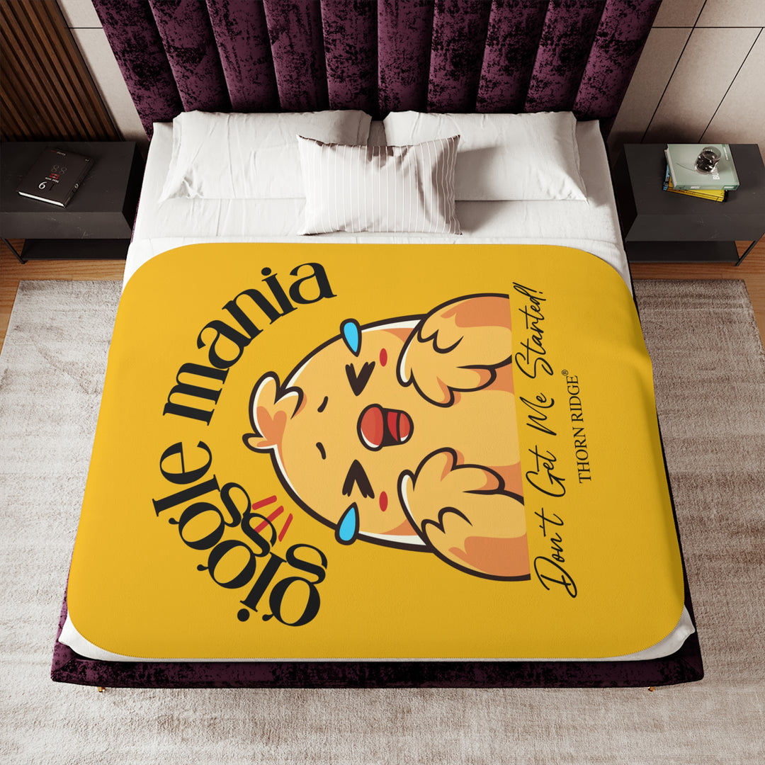 Giggle Mania Don't Get Me Started yellow sherpa blanket featuring a laughing chicken by Thorn Ridge®