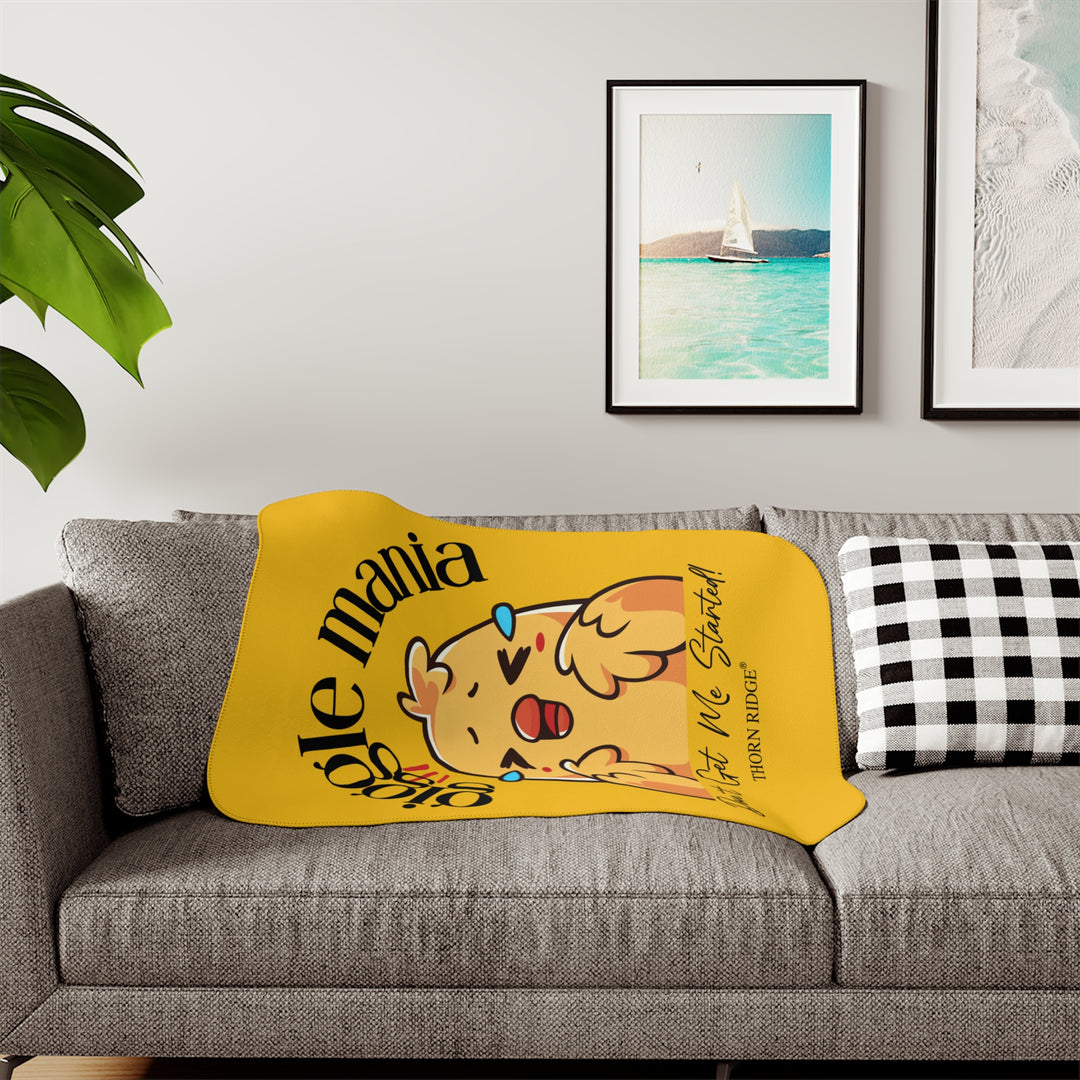 Giggle Mania Don't Get Me Started yellow sherpa blanket featuring a laughing chicken by Thorn Ridge®