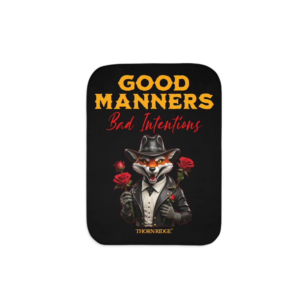 fox character in a black leather jacket and black leather cowboy hat, holding roses, and text 'Good Manners Bad Intentions' on a black sherpa blanket by Thorn Ridge®