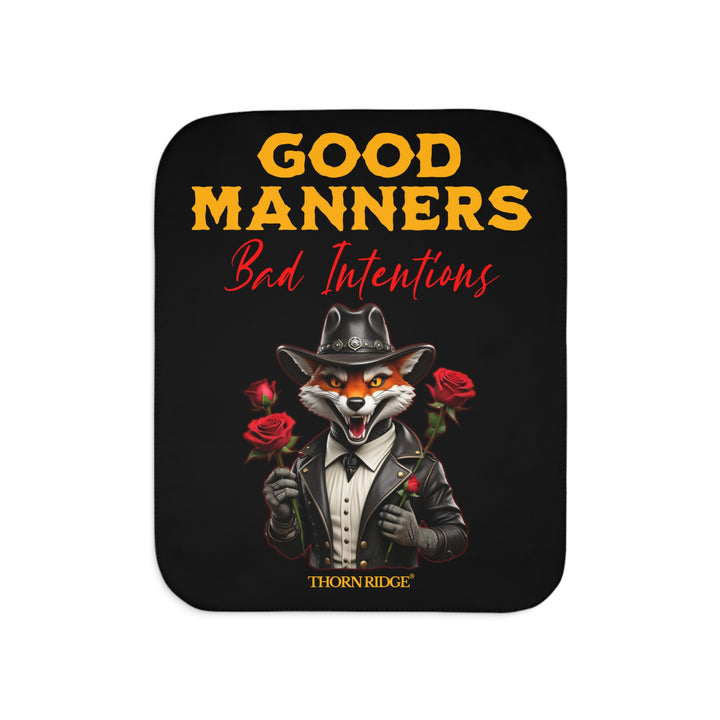 fox character in a black leather jacket and black leather cowboy hat, holding roses, and text 'Good Manners Bad Intentions' on a black sherpa blanket by Thorn Ridge®
