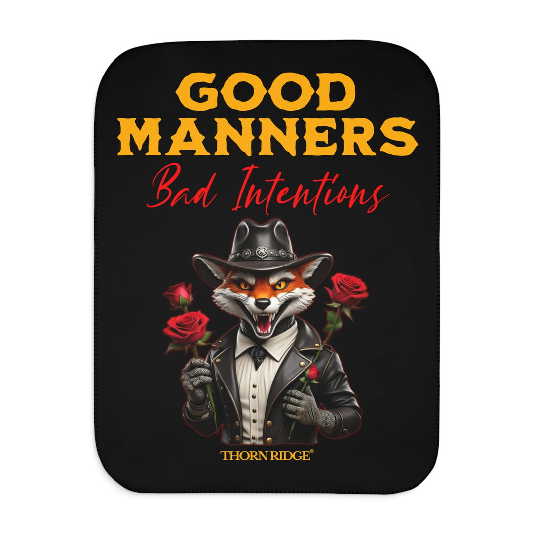 fox character in a black leather jacket and black leather cowboy hat, holding roses, and text 'Good Manners Bad Intentions' on a black sherpa blanket by Thorn Ridge®