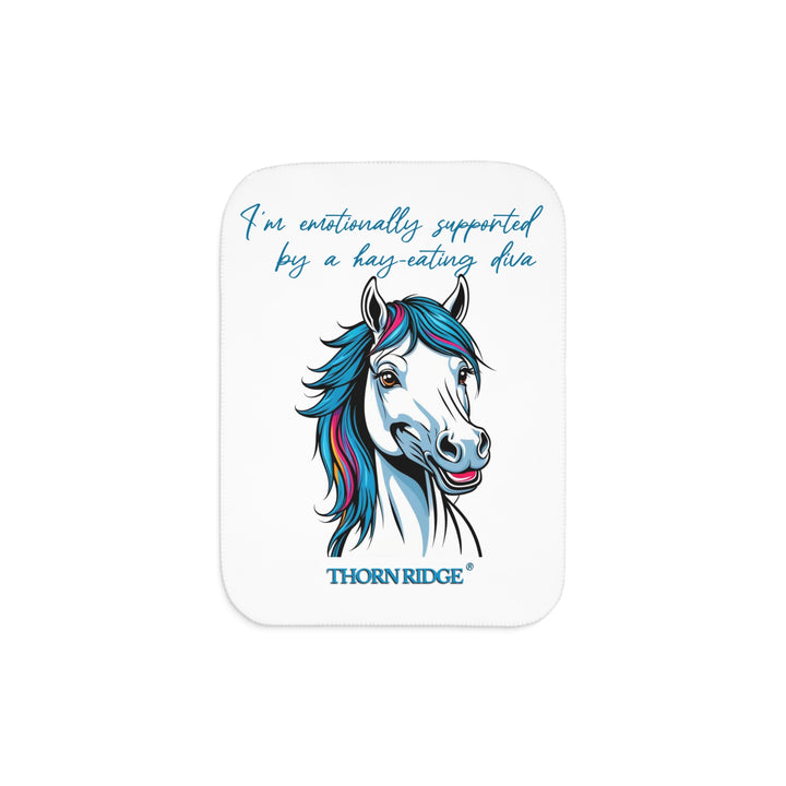 Hay Eating Diva slogan by Thorn Ridge with a cartoon white horse with blue orange red and fushia hair on a white sherpa blanket with blue text.