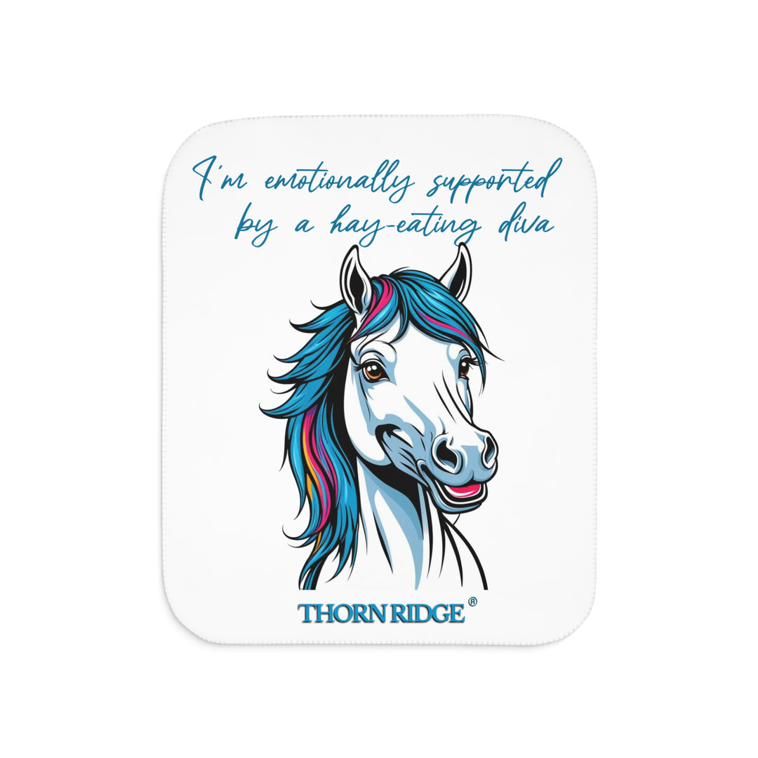 Hay Eating Diva slogan by Thorn Ridge with a cartoon white horse with blue orange red and fushia hair on a white sherpa blanket with blue text.