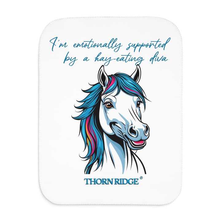 Hay Eating Diva slogan by Thorn Ridge with a cartoon white horse with blue orange red and fushia hair on a white sherpa blanket with blue text.