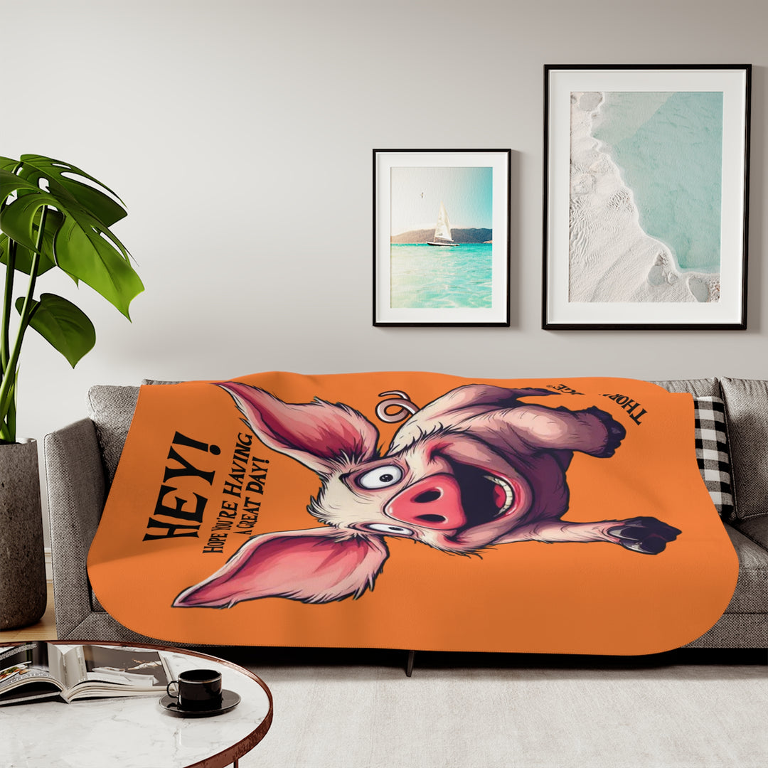 Great Day Pig Orange sherpa blanket with a pig with big ears wishing you a great day by Thorn Ridge®