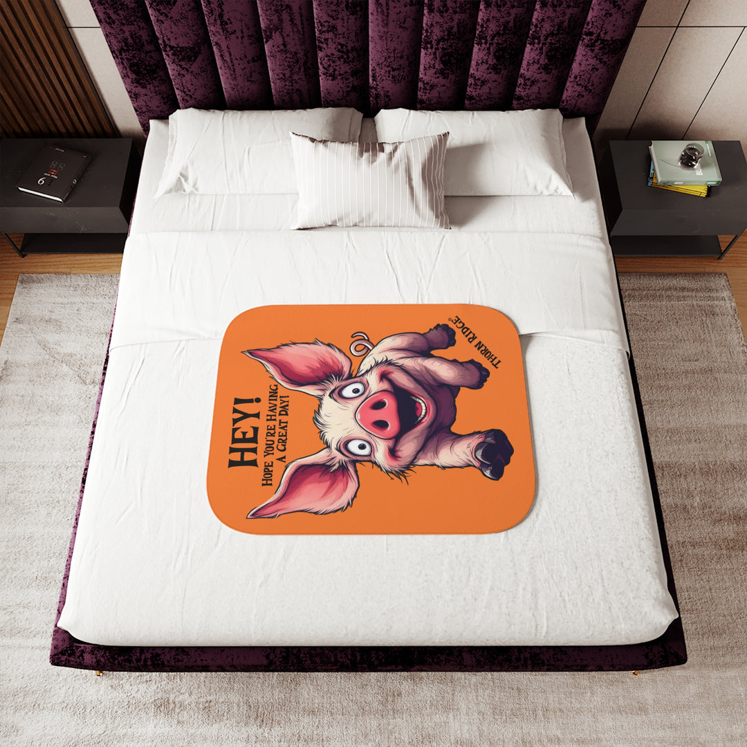 Great Day Pig Orange sherpa blanket with a pig with big ears wishing you a great day by Thorn Ridge®