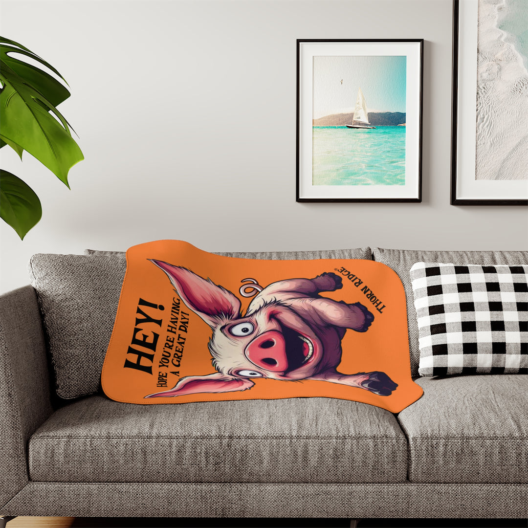 Great Day Pig Orange sherpa blanket with a pig with big ears wishing you a great day by Thorn Ridge®