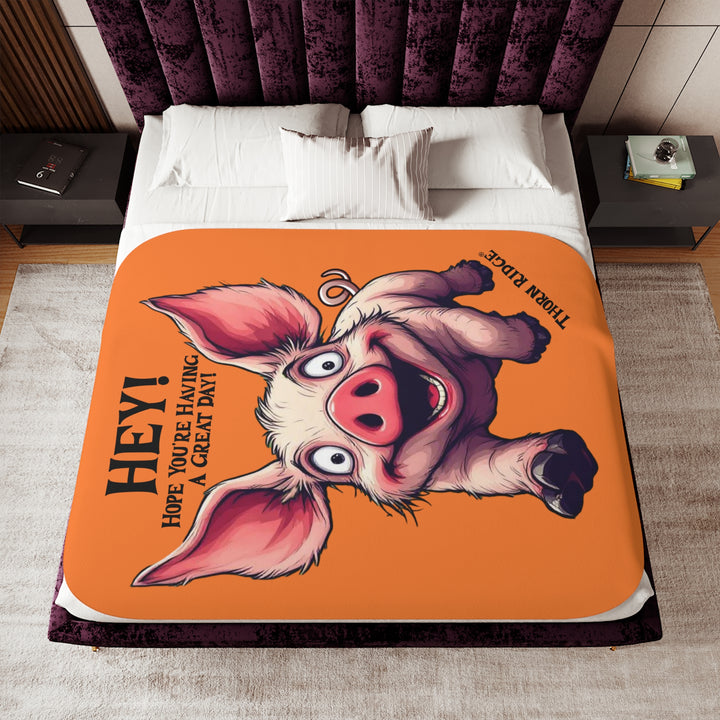 Great Day Pig Orange sherpa blanket with a pig with big ears wishing you a great day by Thorn Ridge®