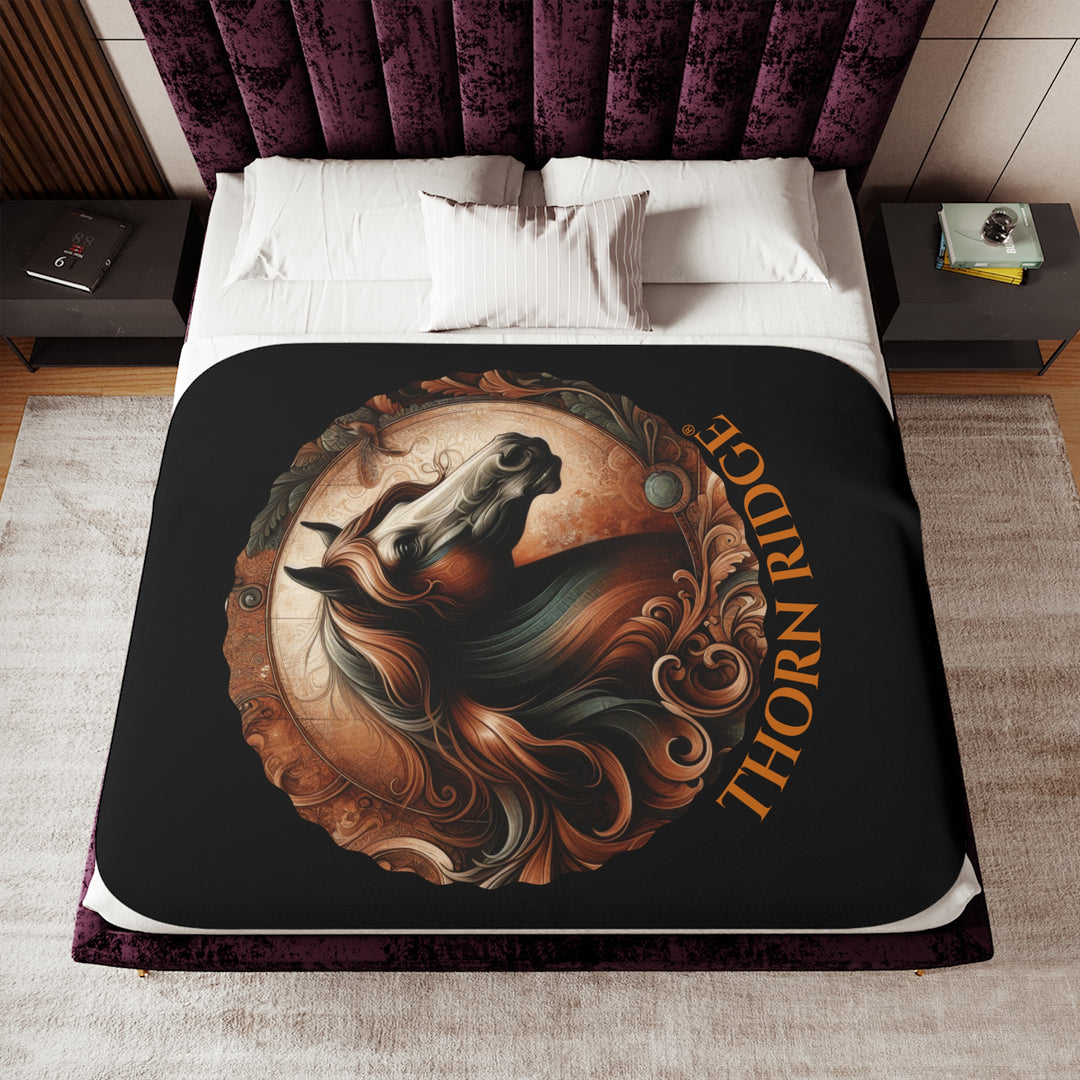 Decorative and elegant horse design in brown and green tones with 'Thorn Ridge®' branding on a black sherpa blanket.