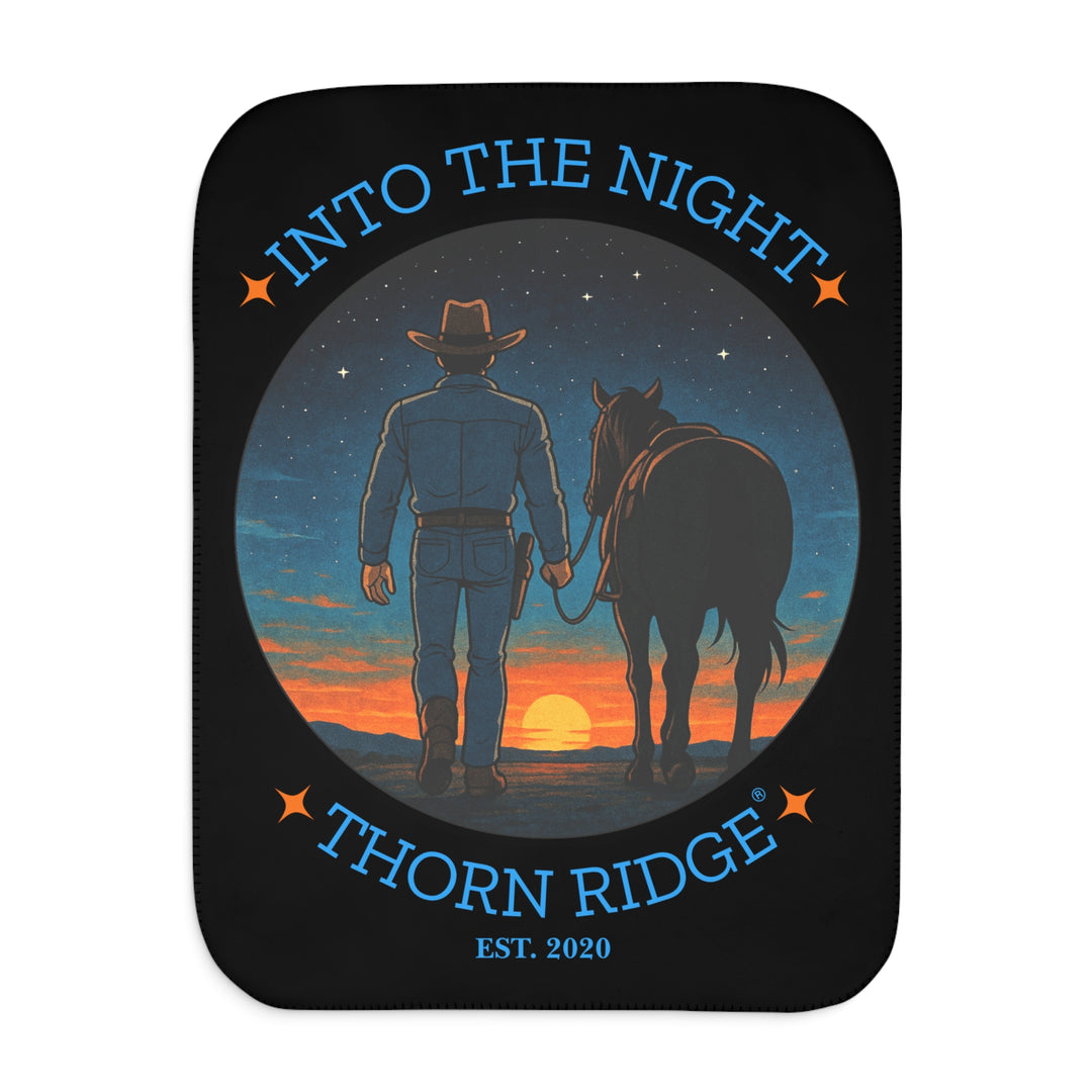 Into the Night by Thorn Ridge® EST 2020 black sherpa blanket with a circle image of a cowboy leading his horse into the sunset with the night sky with stars above them.