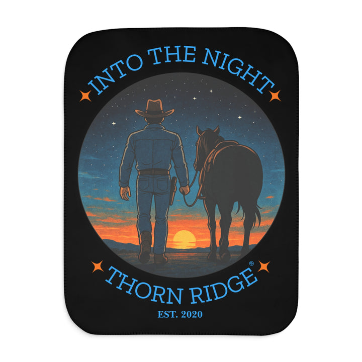 Into the Night by Thorn Ridge® EST 2020 black sherpa blanket with a circle image of a cowboy leading his horse into the sunset with the night sky with stars above them.
