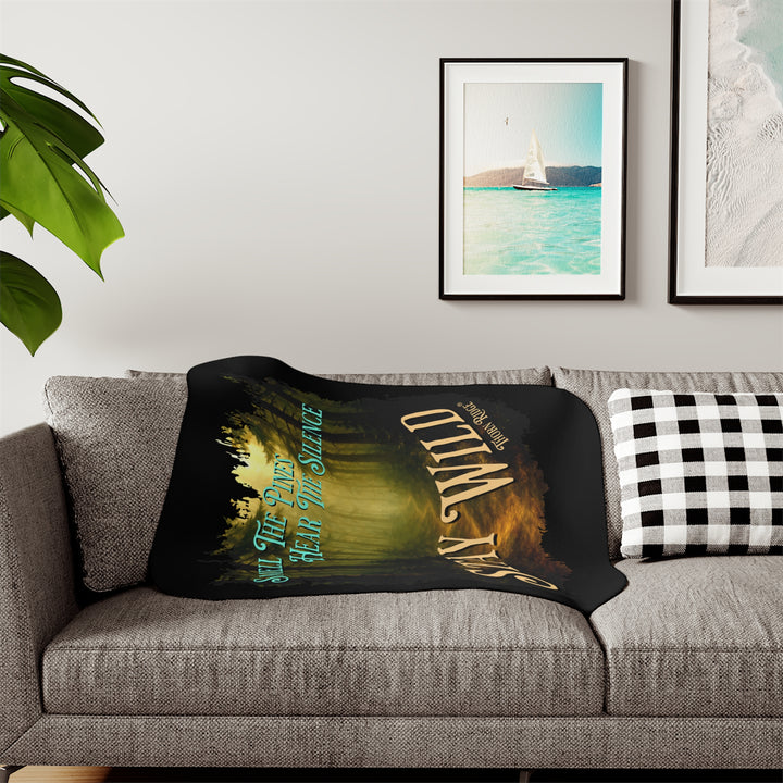 Smell the pines hear the silence stay wild black sherpa blanket with a winding dirt path through the forest in tones of greens and browns by Thorn Ridge®