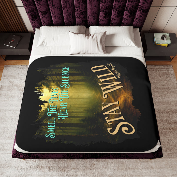 Smell the pines hear the silence stay wild black sherpa blanket with a winding dirt path through the forest in tones of greens and browns by Thorn Ridge®