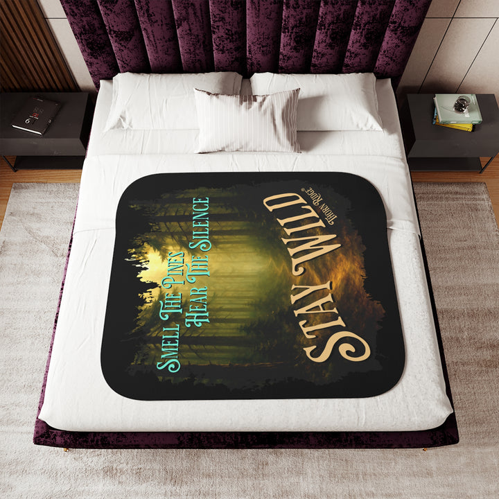 Smell the pines hear the silence stay wild black sherpa blanket with a winding dirt path through the forest in tones of greens and browns by Thorn Ridge®