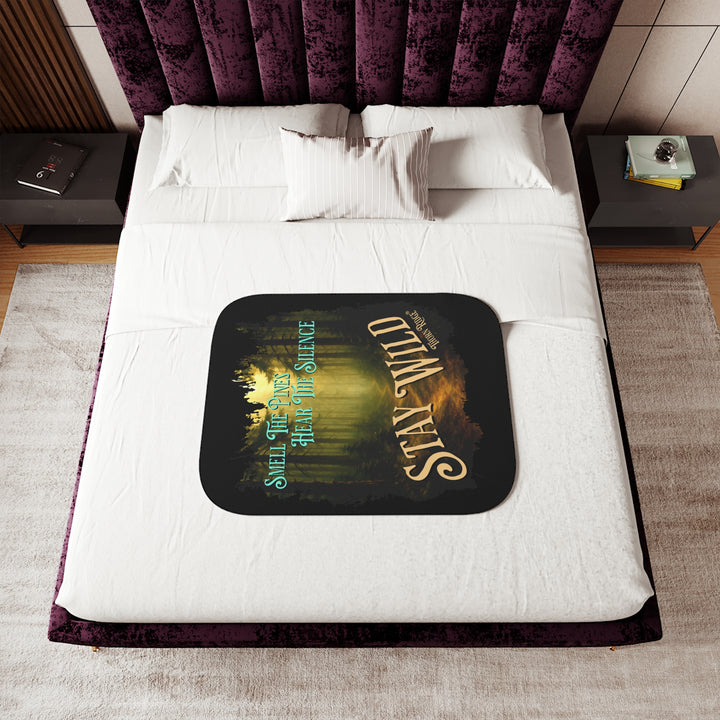 Smell the pines hear the silence stay wild black sherpa blanket with a winding dirt path through the forest in tones of greens and browns by Thorn Ridge®