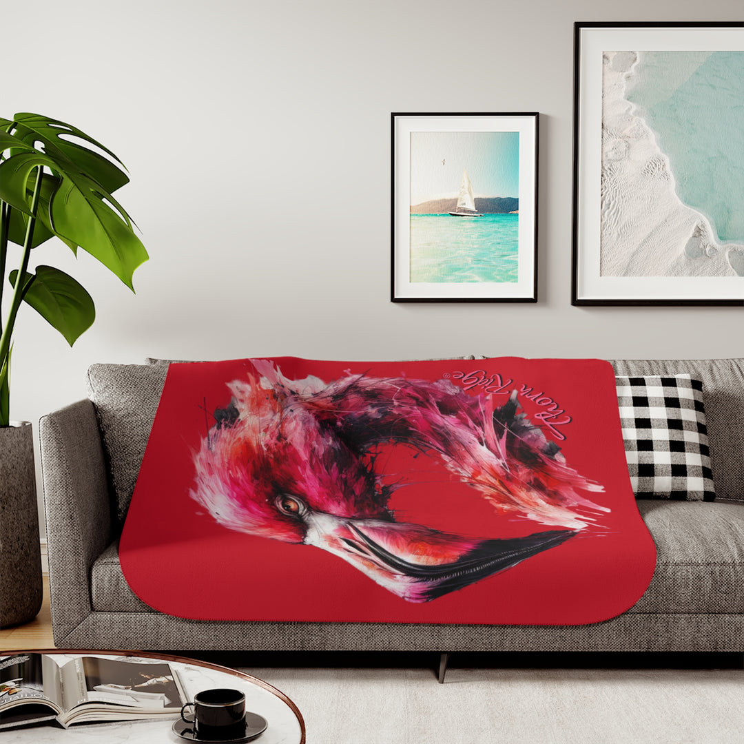 red sherpa blanket with a flamingo design by Thorn Ridge®