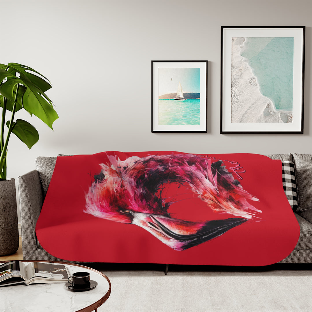 red sherpa blanket with a flamingo design by Thorn Ridge®