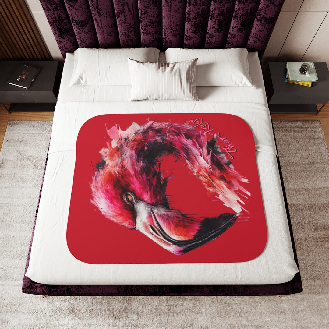 red sherpa blanket with a flamingo design by Thorn Ridge®