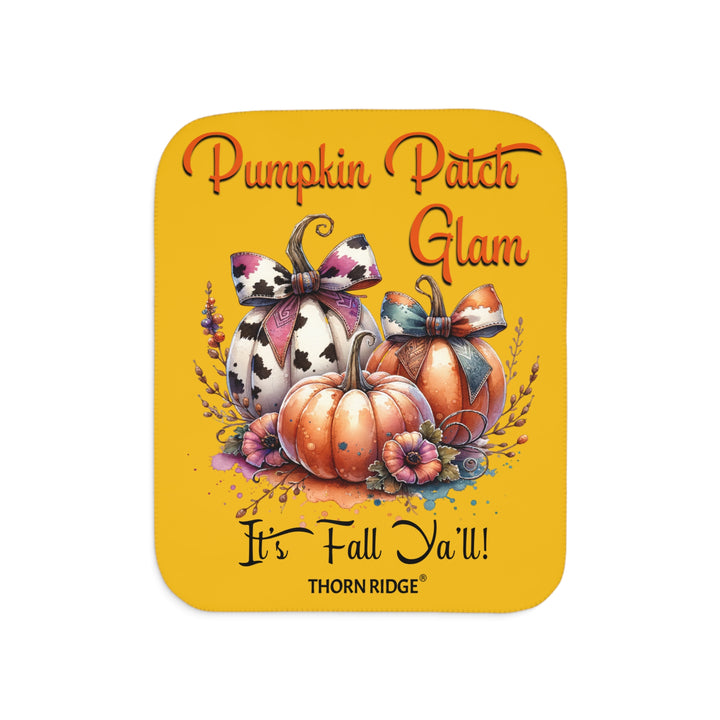 Pumpkin Patch Glam It's Fall Ya'll yellow sherpa blanket with pumpkins with cow print bows and flowers by Thorn Ridge®