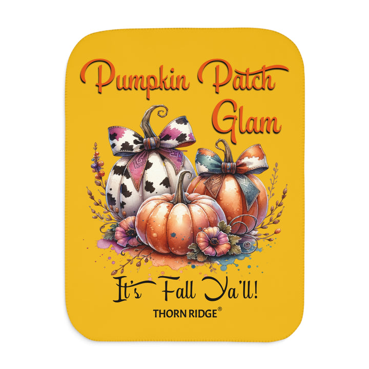 Pumpkin Patch Glam It's Fall Ya'll yellow sherpa blanket with pumpkins with cow print bows and flowers by Thorn Ridge®