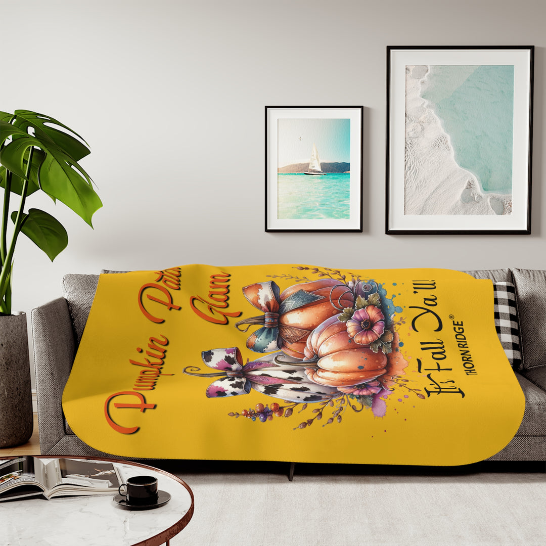 Pumpkin Patch Glam It's Fall Ya'll yellow sherpa blanket with pumpkins with cow print bows and flowers by Thorn Ridge®