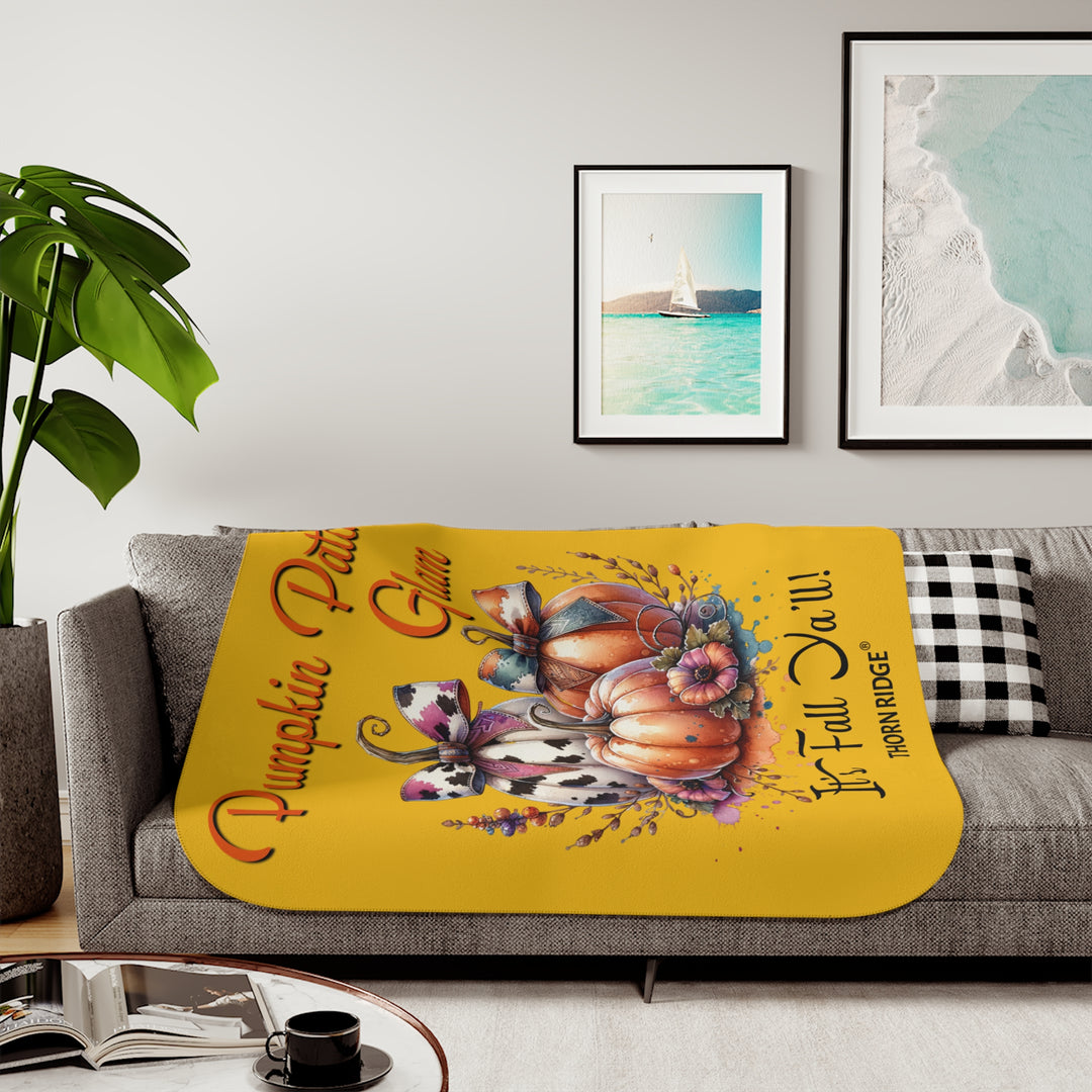 Pumpkin Patch Glam It's Fall Ya'll yellow sherpa blanket with pumpkins with cow print bows and flowers by Thorn Ridge®