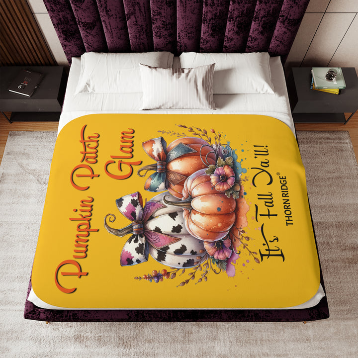 Pumpkin Patch Glam It's Fall Ya'll yellow sherpa blanket with pumpkins with cow print bows and flowers by Thorn Ridge®
