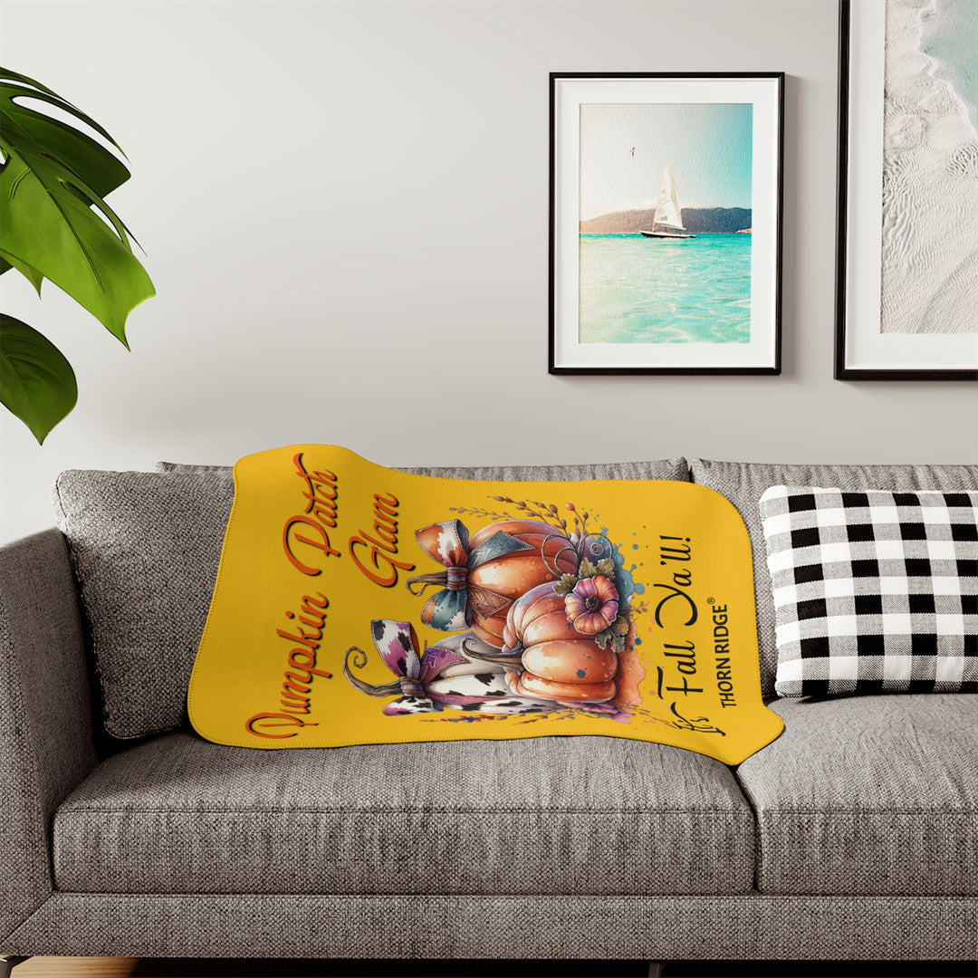 Pumpkin Patch Glam It's Fall Ya'll yellow sherpa blanket with pumpkins with cow print bows and flowers by Thorn Ridge®