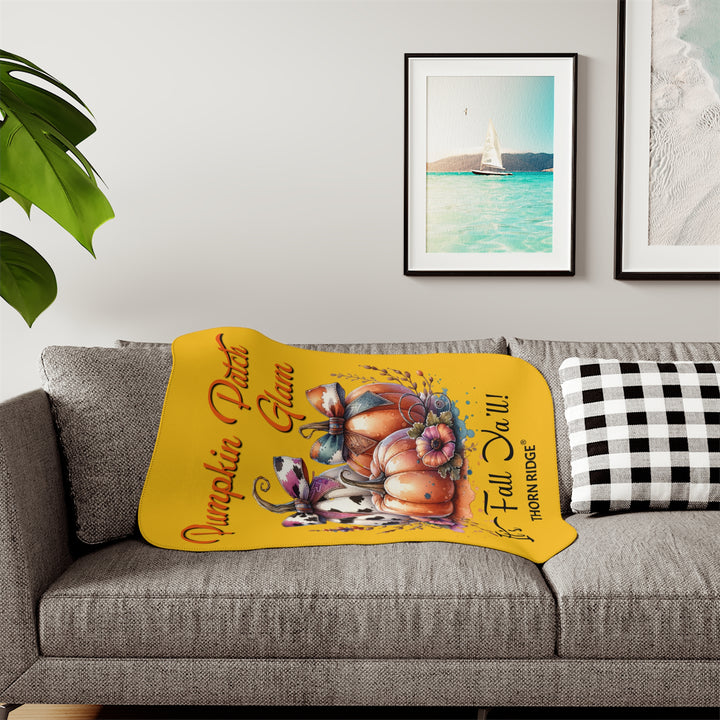 Pumpkin Patch Glam It's Fall Ya'll yellow sherpa blanket with pumpkins with cow print bows and flowers by Thorn Ridge®