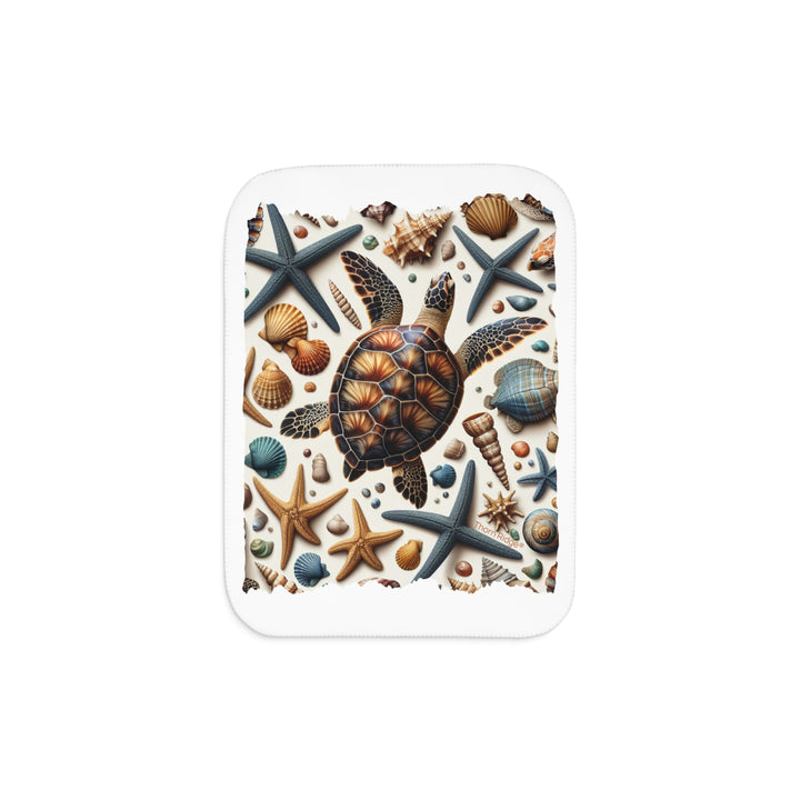 Sea Turtle and sea shells  illustration on a white sherpa blanket branded Thorn Ridge®