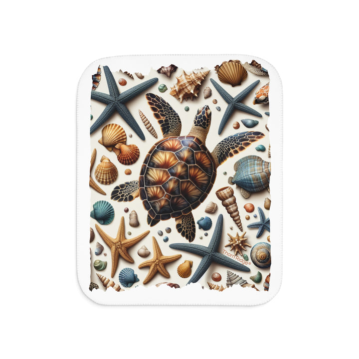 Sea Turtle and sea shells  illustration on a white sherpa blanket branded Thorn Ridge®
